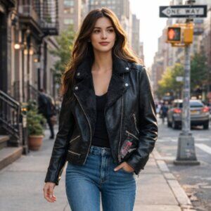 Women's black leather jacket XL fur lined Winter Jacket zipper Biker YOKI